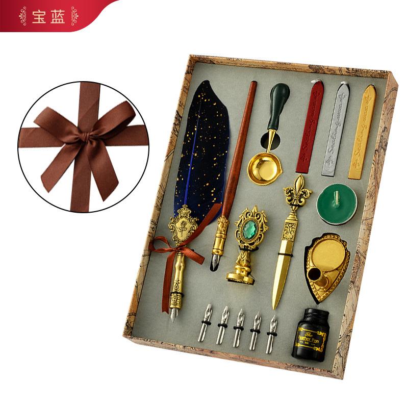 Retro Federkiel Schreibtinten-Set Schreibwaren Exquisites Federkiel-Tauchfeder Stempelset Kunstbedarf Basteln Geschenke für Schüler DIY