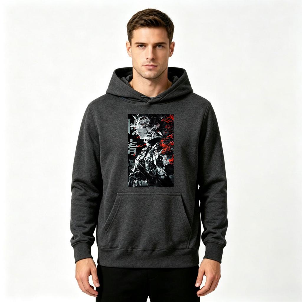 Men Anime Print Pullover Hoodie Casual Long Sleeve Streetwear Hooded Sweatshirt for Daily Wear
