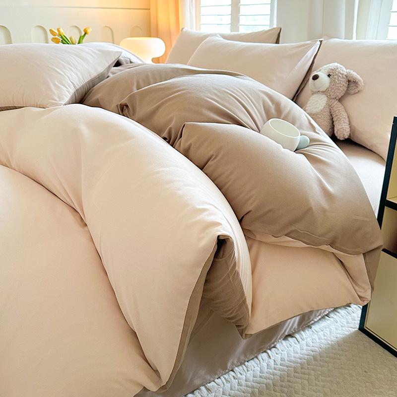 Solid Color Sanded Bedding Set: Four-Piece Set with Quilt Cover and Washed Spring Sheets.