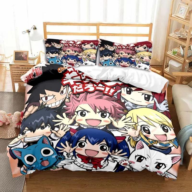 3D Anime Fairy Tail Bedding Set Bed Three-piece Set Duvet Cover Single Double Bed Queen Size Duvet Cover Set Adult Kid's Bedroom Tool