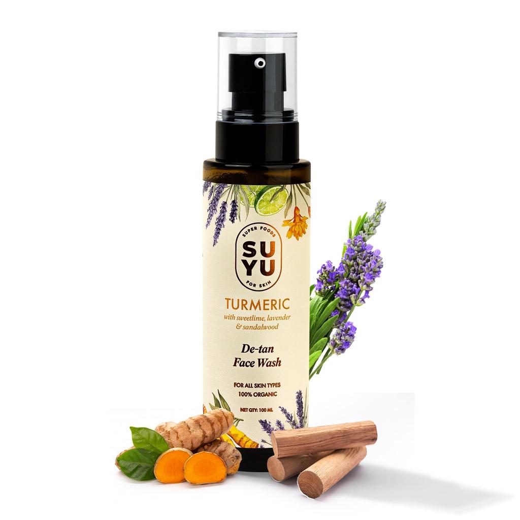 SUYU Turmeric De-Tan Glow Face Wash - 100 ml | Gentle Cleanser for Repairing Sun Damage | Organic Facewash for Women & Men | Turmeric & Sandalwoo