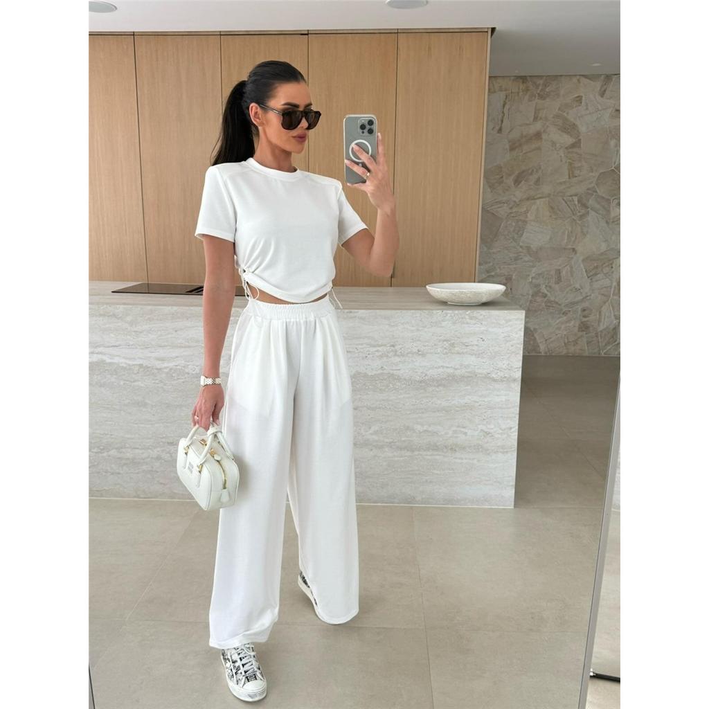 Lato Nowa Moda Casual Jednolity Kolor Garnitur T-shirt Szerokie Nogawki Spodnie Zestaw Dwuczęściowy Dla Kobiet
