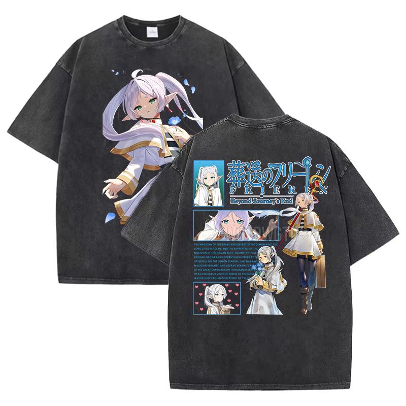 Hot Sale Anime Peripherals Frieren: Beyond Journey's End Graphic Print T-Shirt Men Women Streetwear Fashion Vintage Washed Cotton Summer New Tee