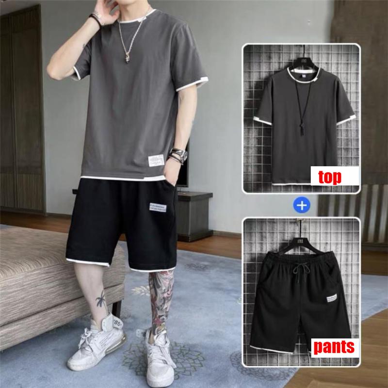 Men Two-piece Sets Sport Style Fashion Short-sleeved T-shirt Suit and Knee Length Short Pants Plus Size Men Clothing