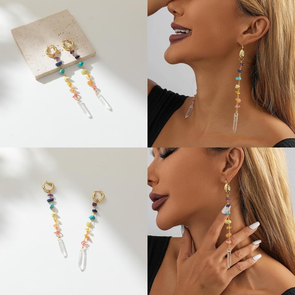 Stylish European And American Fashion Colorful Irregular Natural Stone Earrings For Women Long Geometric Drop Earrings