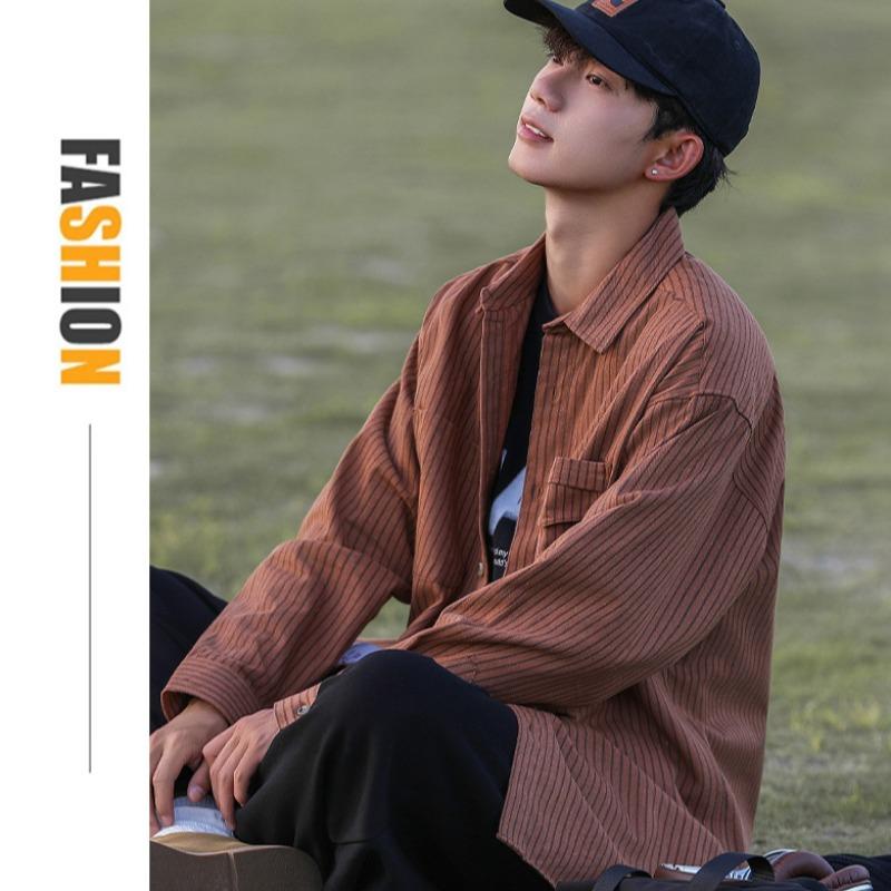 Spring and Autumn Men's New Lar Loose Casual Striped Long Sleeve Shirt