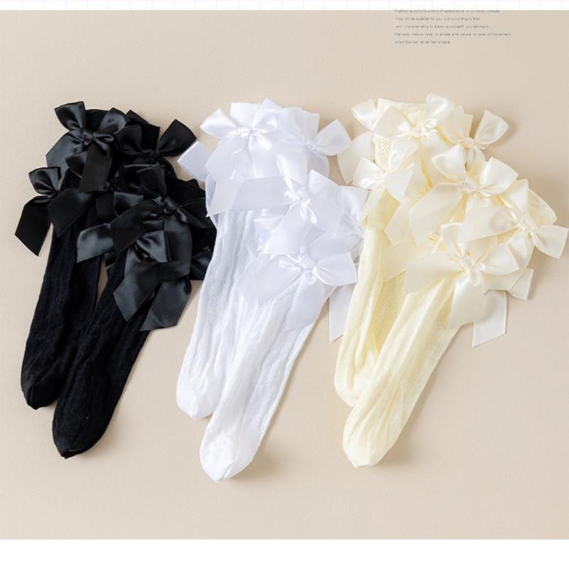 Lovely Girls Knee Length Socks for Youth, Sweet Bowknot Charm Middle Tube Socks for Stage Performances and Parties