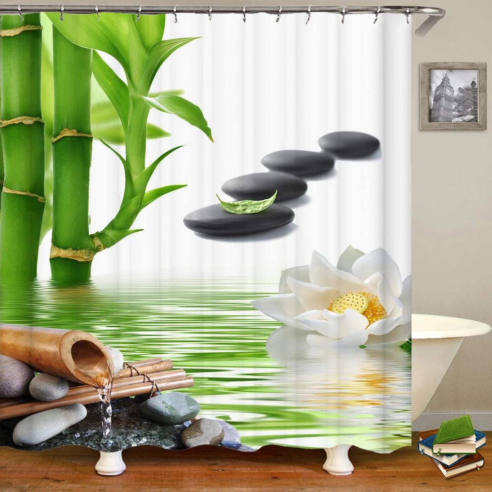 3D Flower Bamboo Pebble Water Green Plant Shower Curtain Waterproof Polyester Curtain Home Decoration Shower Curtain Zen Curtain
