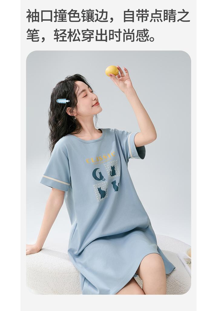 Fenteng [32 count pure cotton] summer new round neck short sleeved loose breathable women's nightgown thin version