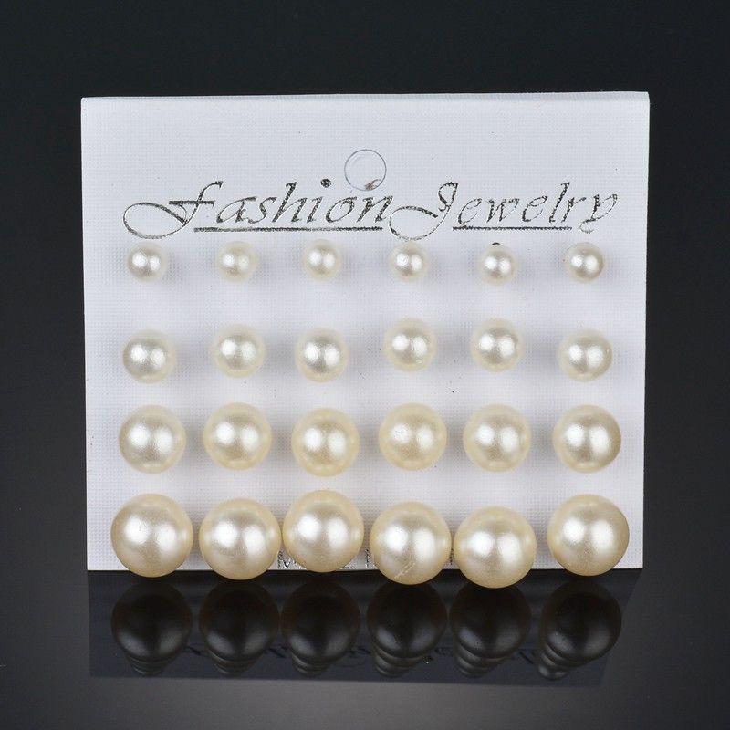 12 Pairs of White Pearl Carded Ear Studs: Authentic Minimalist Classic, Versatile Large & Small Ball Earrings Value Pack