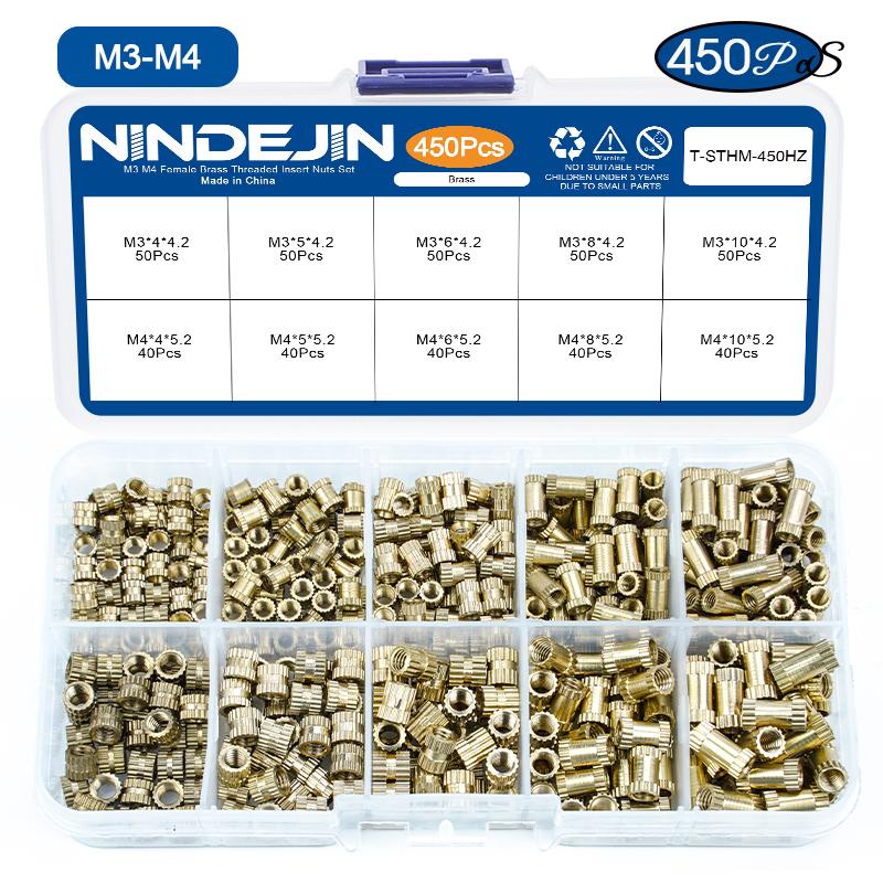 NINDEJIN 450/500pcs Brass Insert Nuts Kit Female Threaded Insert Set Knurled Nuts Assortment Kit