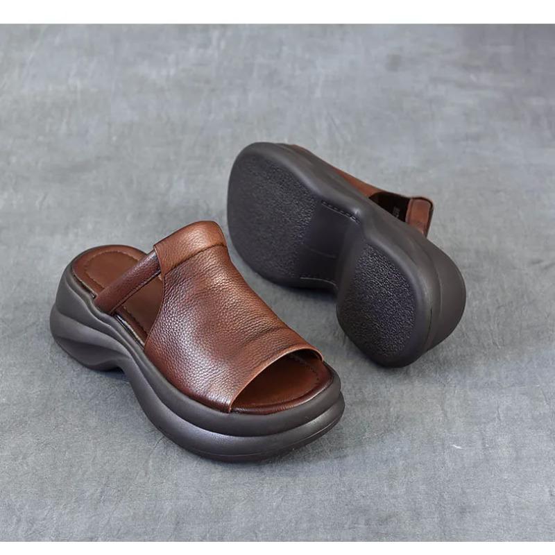 Johnature Genuine Leather Retro Thick Soled Peep Toe Outdoor Slippers Versatile Women's Slip-on Shoes