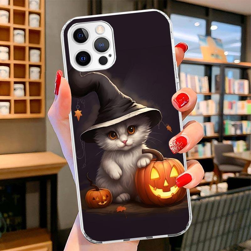 Black Kitten Halloween Pumpkin Cover Phone Case For iPhone 16 17 Air 15 14 Pro Max 16E Phone Case 13 Mini 12 11 7 SE 8 Print Pat