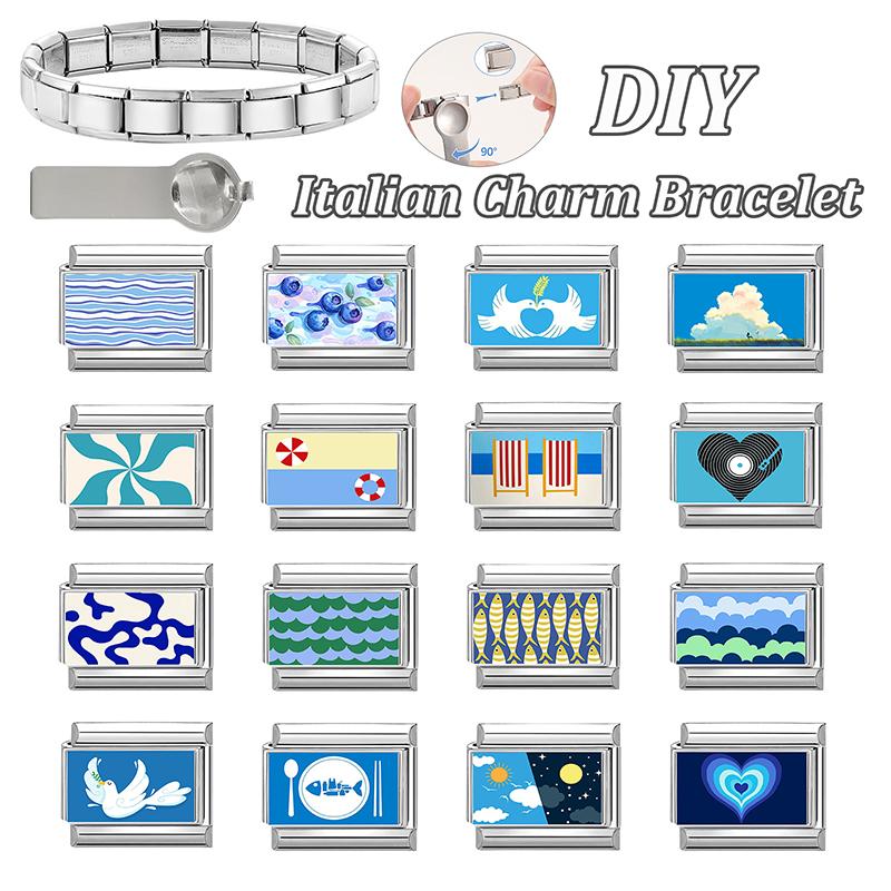 New Blue Sea Fishtail Dolphin Turtle Blueberry Music Tape Italian Charm Link Fit 9mm Stainless Steel Bracelet DIY Making Gift