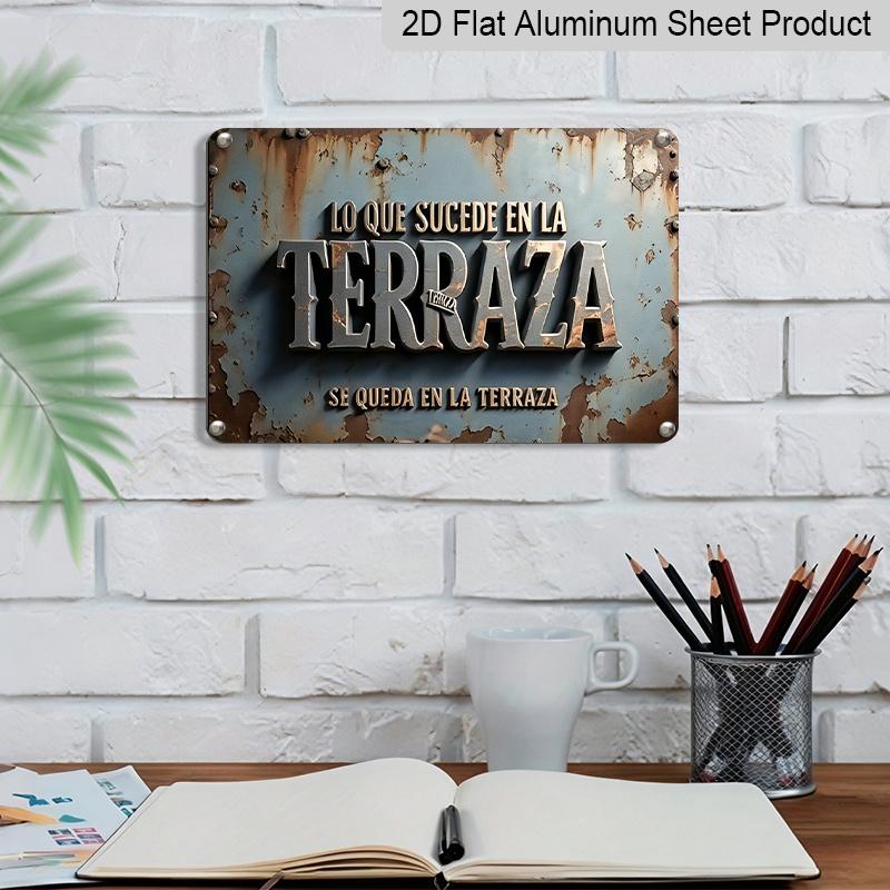 2D Flat, 1pc Vintage Spanish Terraza Plaque - Rustic Patio Decor Sign with Spanish Text, Dark Teal & Rust Colors - Aluminium Wall Hanging Decoration