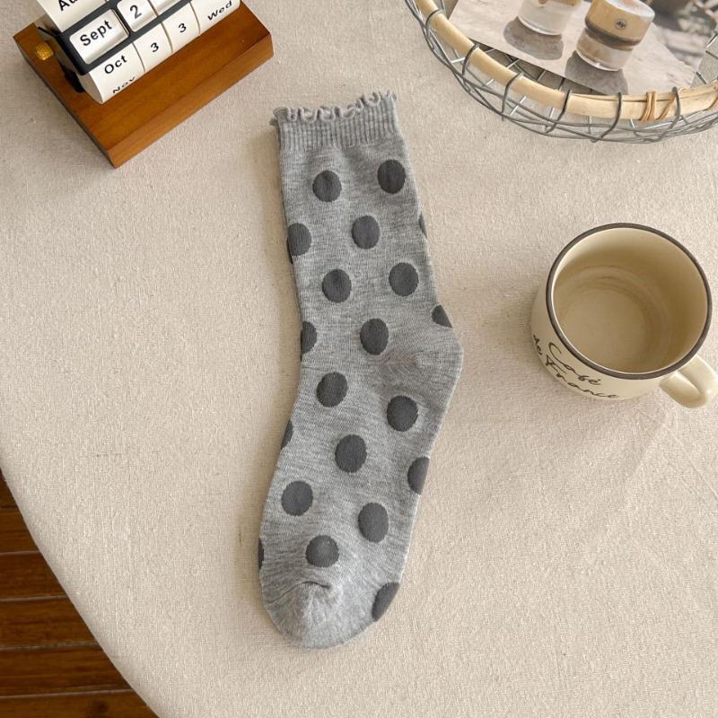 Polka Dot Socks, Women's Mid-calf Socks, Black Fungus Edge Pile Socks, Cotton Lace Long Calf Socks for Autumn and Winter, Women