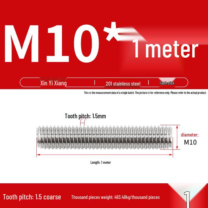 304 Stainless Steel Full Threaded Rod, 1 Meter, available in sizes M3, M6, M8, M10, M12.