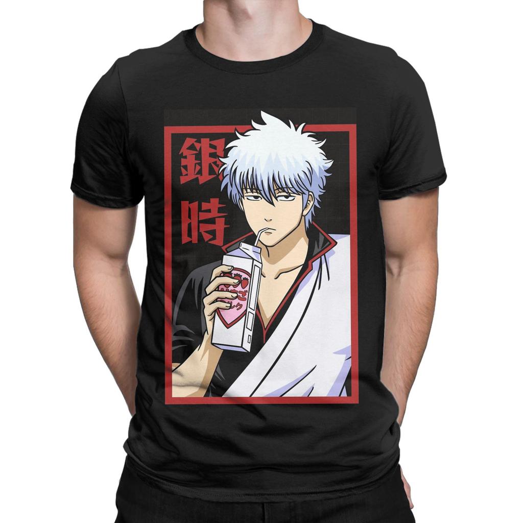 Casual Gintamas T-Shirt Men Crewneck Pure Cotton T Shirts Gintoki Sakata Short Sleeve Tee Shirt Summer Clothing