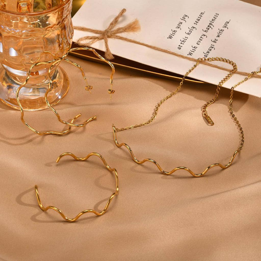 Jewelry Fashion Collar Exaggerated Earrings Stainless Steel Line Wave Necklace 18K Gold Ladies 1809