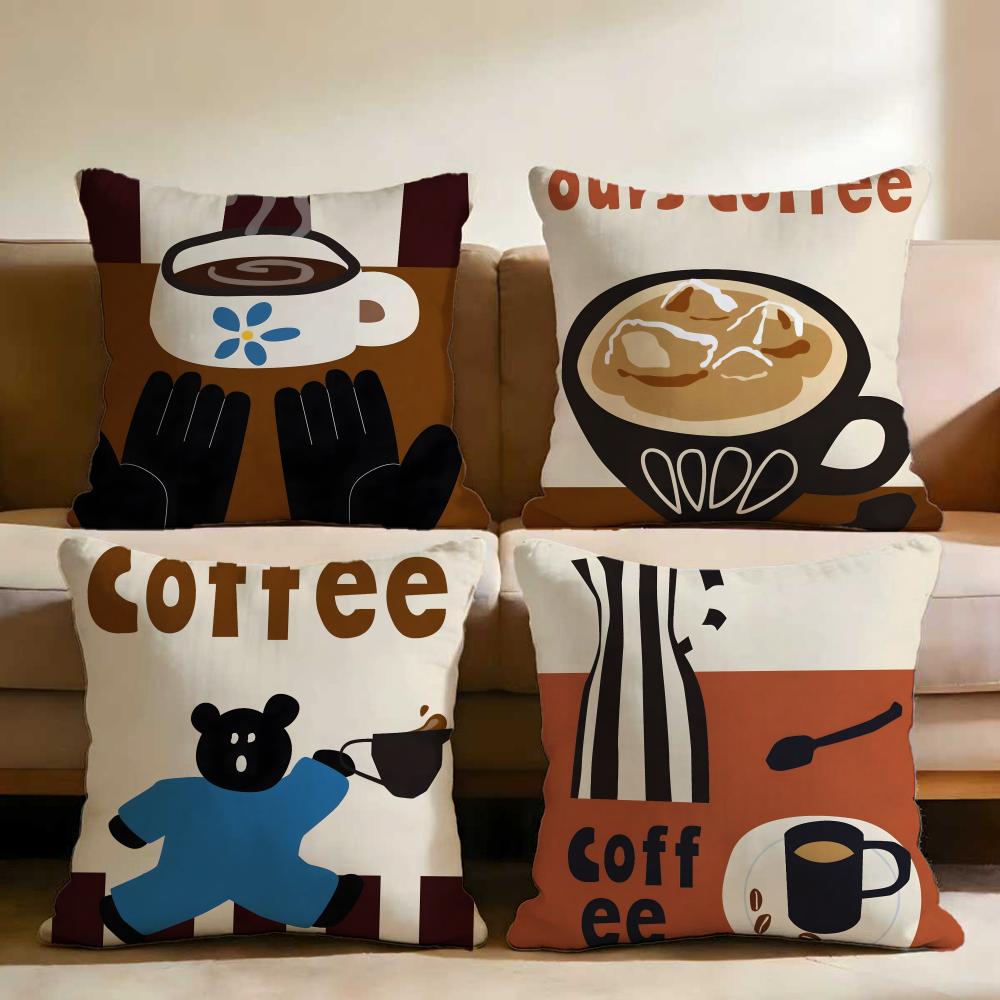 Creative Coffee Illustration Cushion Cover Multi-Scene Pillow Cover for Home & Car - Reversible, Soft & Durable for Daily Use