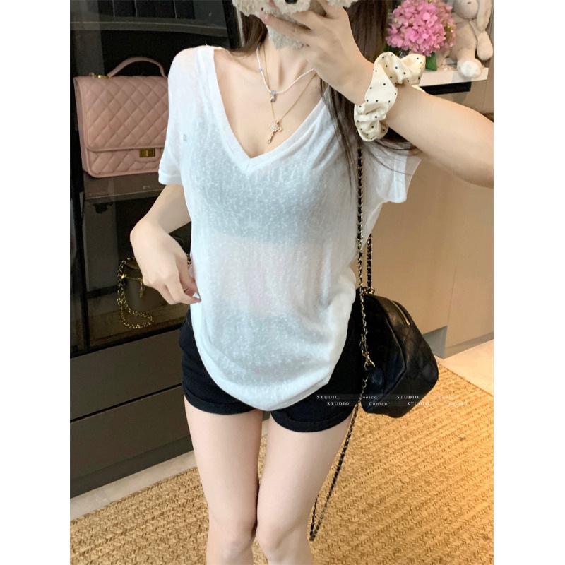 Women's Gray V-neck Short Sleeve Casual Loose Fit Summer T-shirt