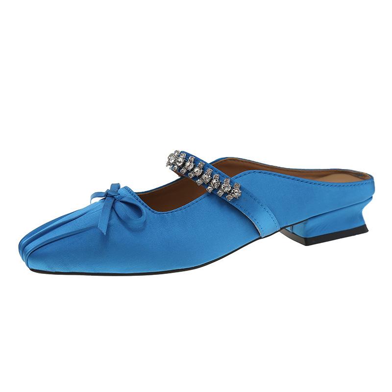 Premium Sense Rhinestone Thick Heel Baotou Half Slippers Temperament Elegant Satin Square Head Cool Slippers