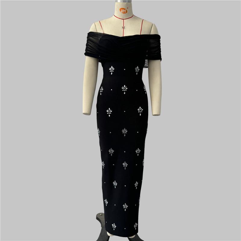 New sexy bandage dress women's one-word shoulder waist thin design diamond-encrusted slim hip dress