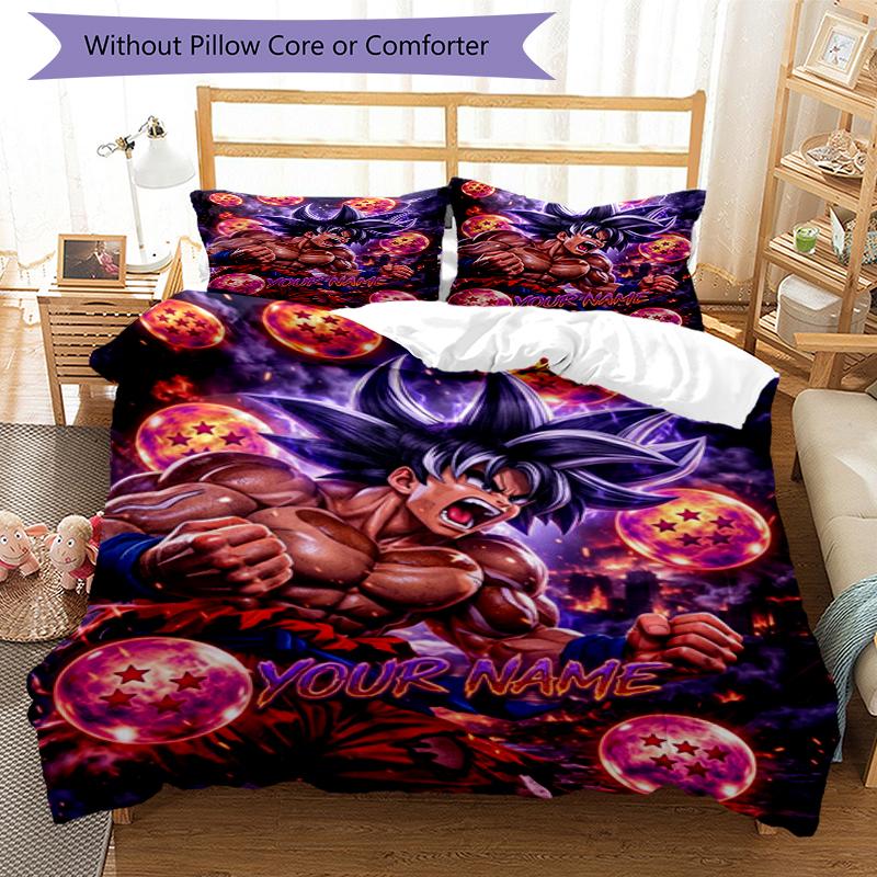3pcs Custom Name Dragon Ball Art Printed Bedding Set Duvet Cover Closure Includes 1 Duvet Cover & 2 Pillowcases, Soft and Comfortable for All Seasons.