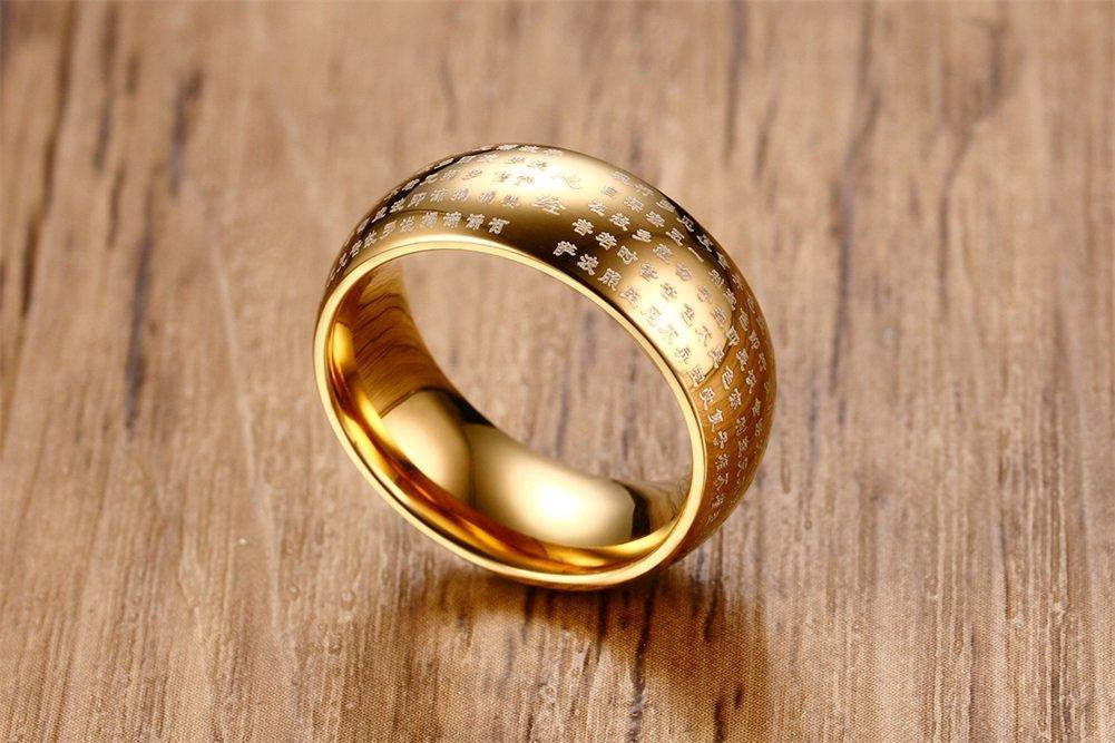 Rockyu Brand Titanium Ring for Heart Sutra 8mm Round Metallic Protection from Good Religious Style Men, Gold, Engraved, Top, Finish, Evil, Luck,