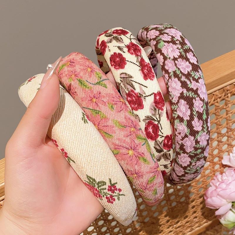 New Vintage Flower Headband for Women Girls Elegant Thicken Sponge Headdress Non-Slip Wide Floral Hairband Hair Accessories