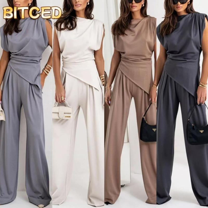 BITCED Women's Fashion Casual Solid Color Print Short Sleeve O Neck Pants Suits