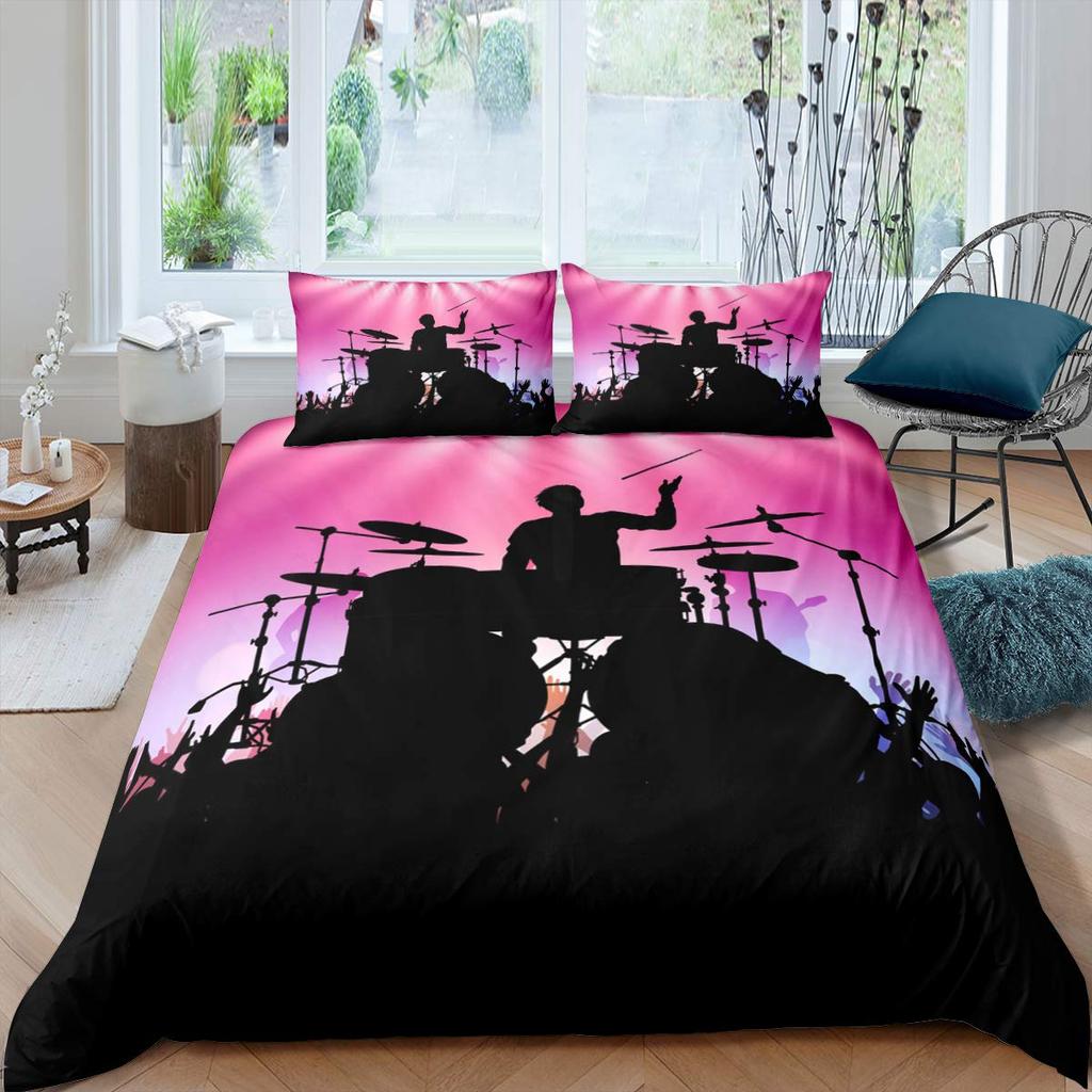 Rockmusik Weiß und Schwarz Bettbezug Doodle Zeichnung Skizze Schlagzeuger Musikalische Inspirationen Monochromes Arrangement Dekorativ Kinder