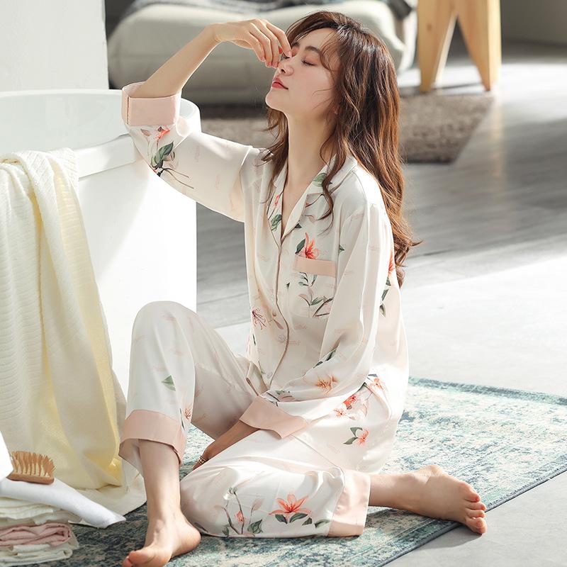 Ice Silk Pajamas Women Spring/autumn Long Sleeve Pants Cool Simple Ice and Snow Silk Satin Light Cooked Women's Pyjamas Sets