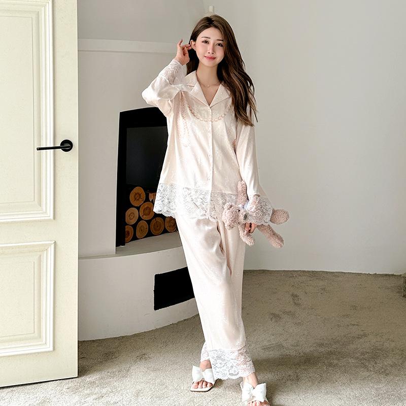 New High-end Satin Ice Silk Pajamas Women's Spring Light Luxury Long-sleeved Lace Can Be Worn Outside Loungewear Suit