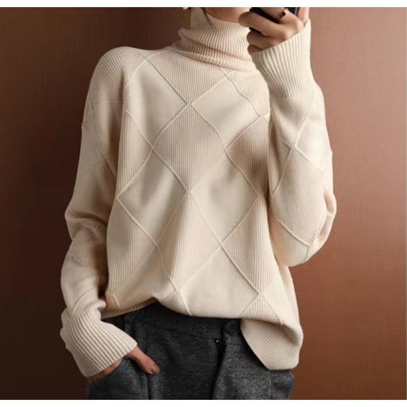 Suéter de cuadros de diamantes tridimensionales con cuello alto para mujer, diseño de otoño e invierno, sentido del ocio, prendas de punto de nicho