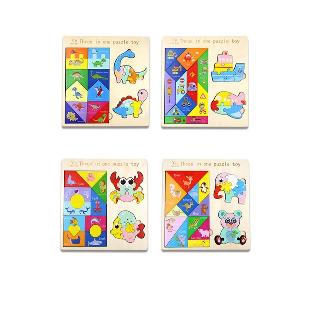3 In 1 Wooden Tangram Jigsaw Puzzle Toy Educational Creative Geometric Shape Color Cognition Wood Building Blocks Gifts for Kids