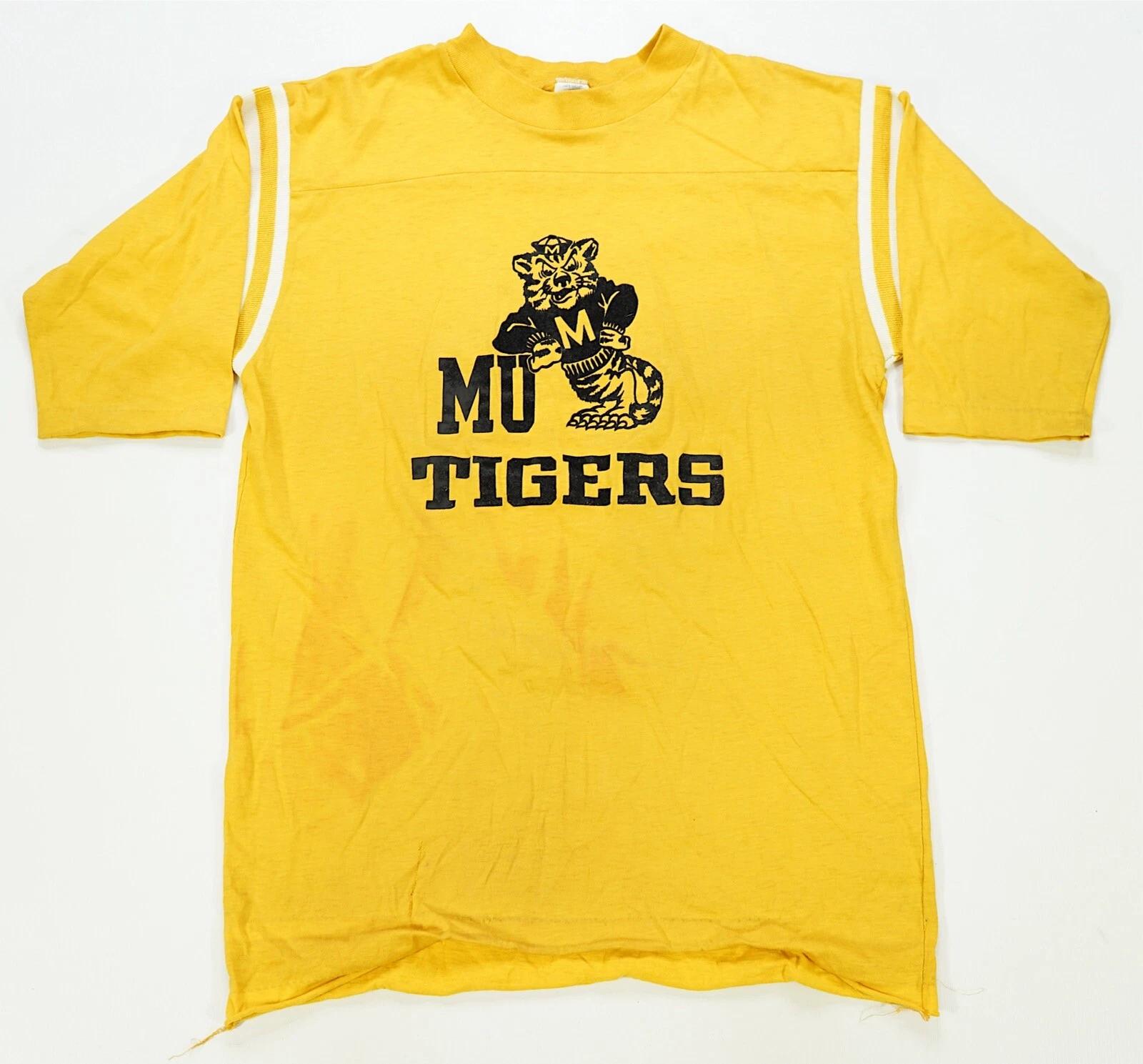 Rare Vintage ARTEX Missouri Mizzou Tigers Single Stitched T Shirt 80s Yellow L S