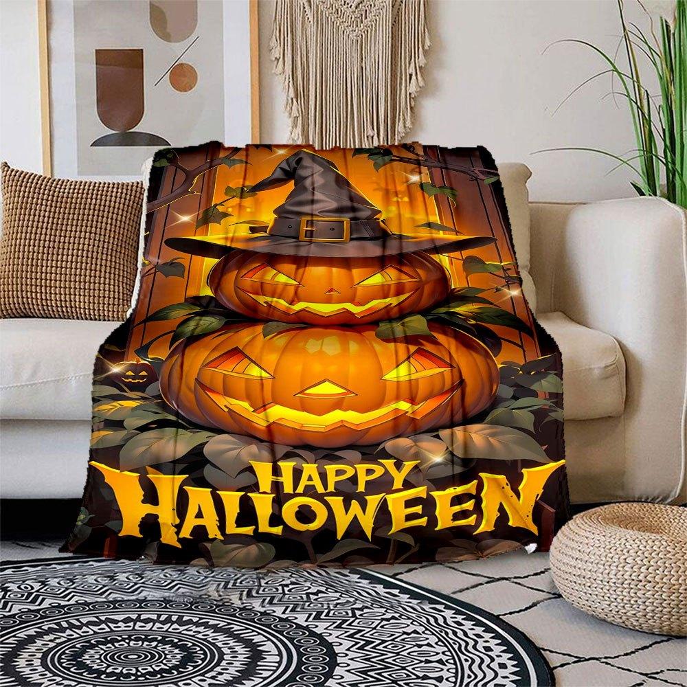 Halloween Jack-o'-lanterns with Witch Hats DecorationsBlanket Flannel Throw Blanket for Sofa, Bed, Travel, Camping, Office