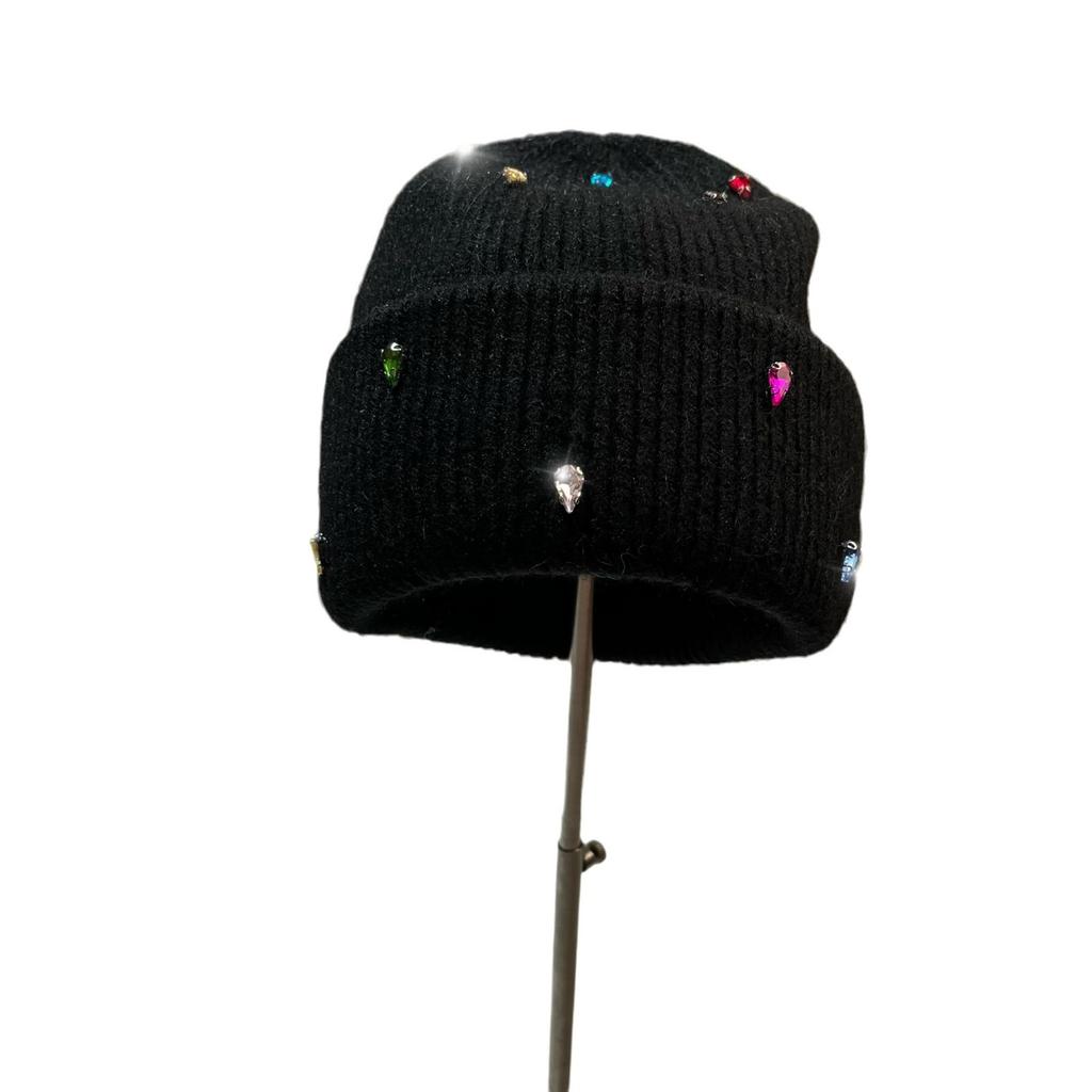 Paris Colored Diamond Light Luxury Winter Rabbit Fur Knitted Hat Personalized Youth Colorful Sweet Cool Design Wool Hat