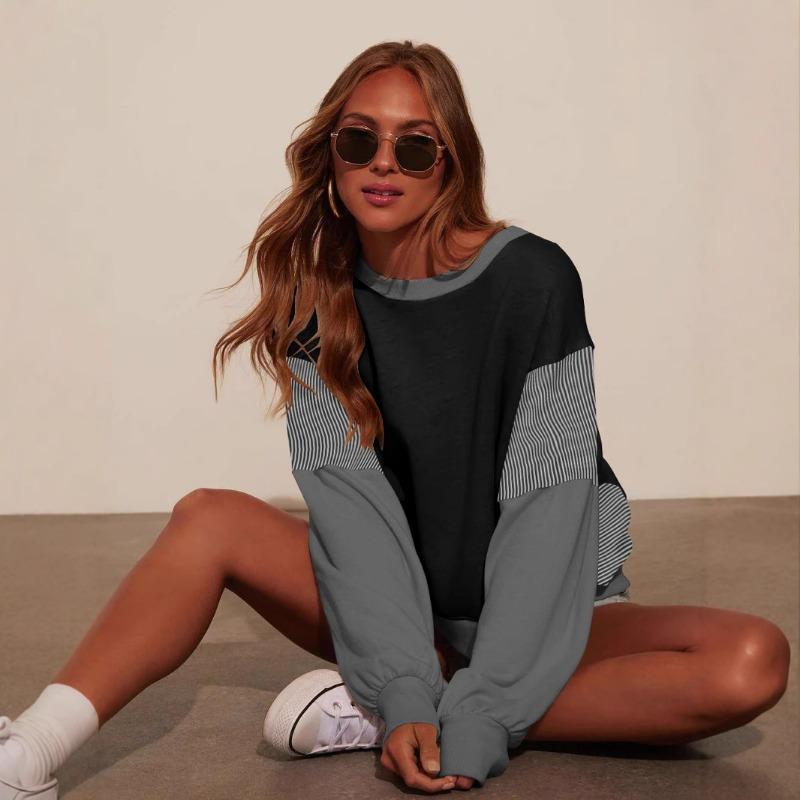 Wiosenno-jesienna damska bluza w dużych rozmiarach w paski z luźnym okrągłym dekoltem i długim rękawem