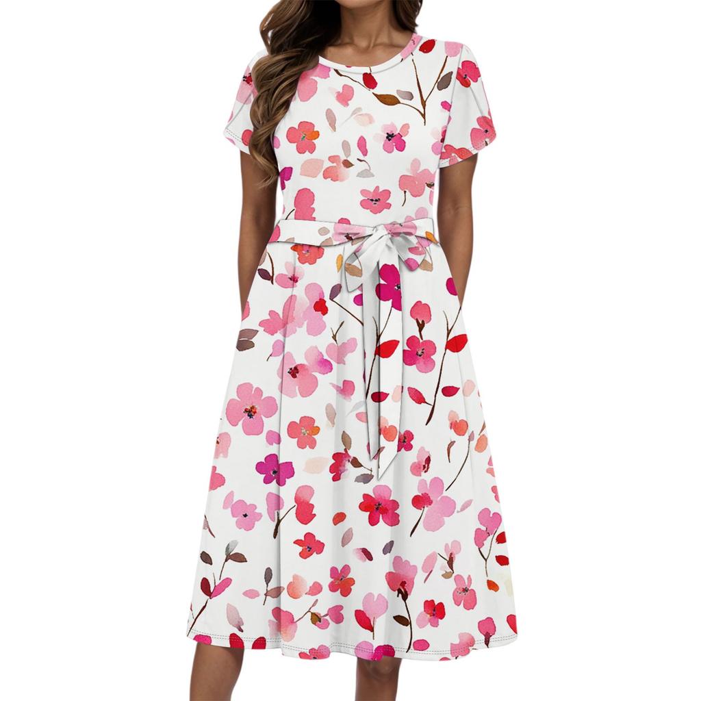 Women's Summer Fashion Round Neck Casual Plant Floral Print Short Sleeve Dress