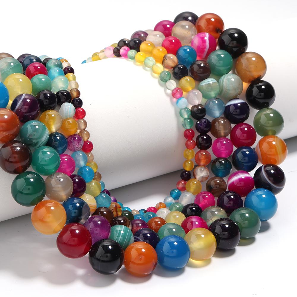 4 6 8 10 12mm Natural Agate Stone Beads Colorful Stripe Round Loose Beads For Jewelry Making DIY Bracelet Necklace Accessories
