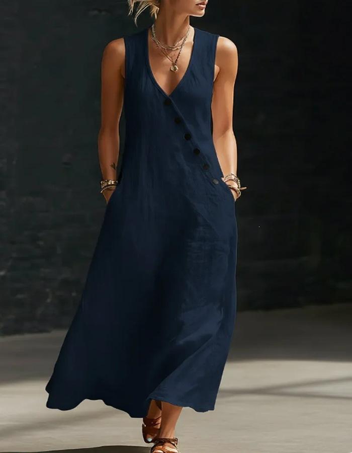 Spring and Summer European and American Lazy Style V-neck Breasted Sleeveless Vest Anti-cotton and Linen Casual Dress
