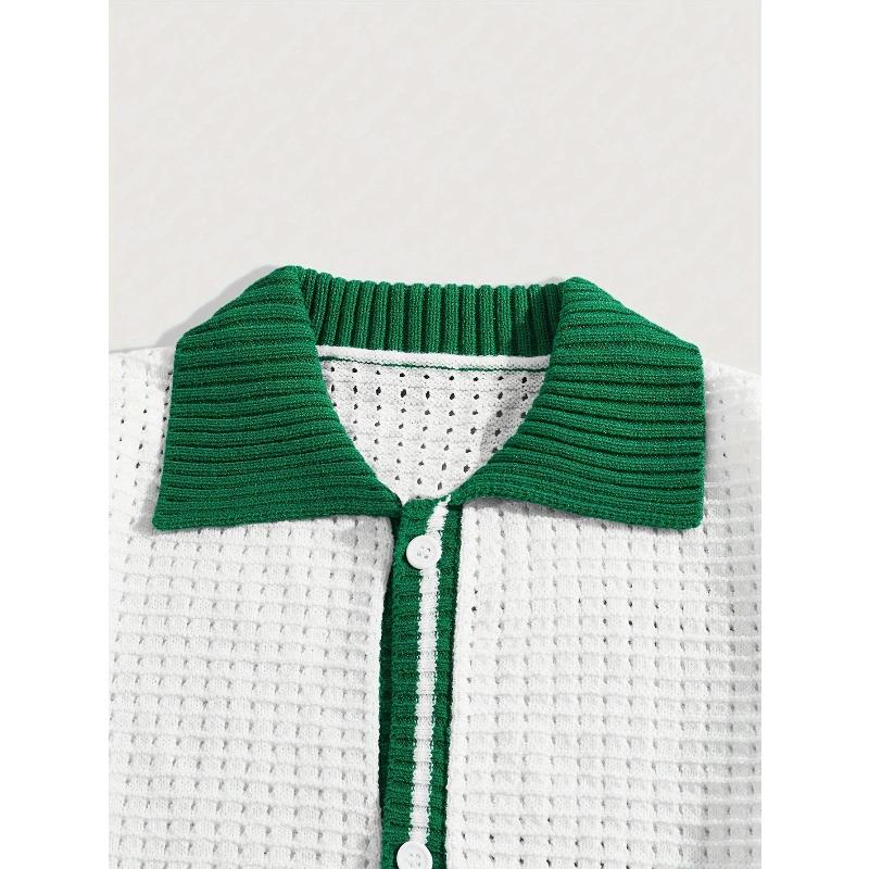 Short Sleeve Knit Cardigan Green Collar Waffle Texture Breathable Summer Casual Top