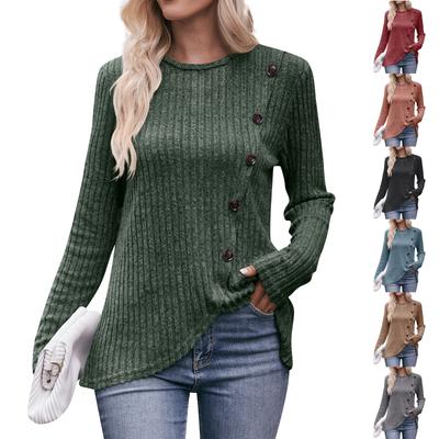Women's Round Neck Stripe Brushed Solid Color Button T-shirt Top