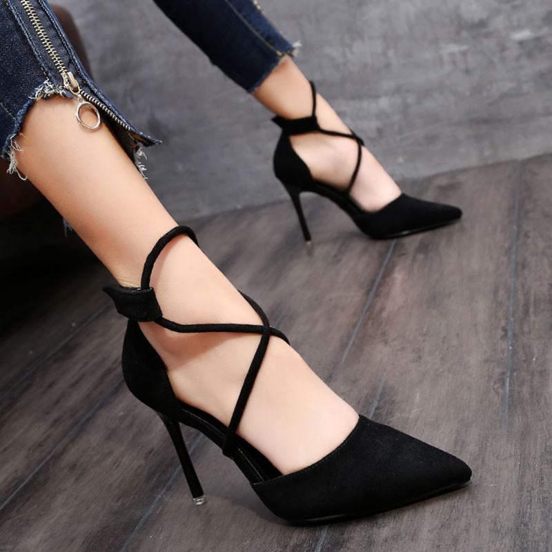 2021 Summer Suede Pointed Stiletto Heels with Ankle Strap - Women's Nightclub and Banquet Sandals