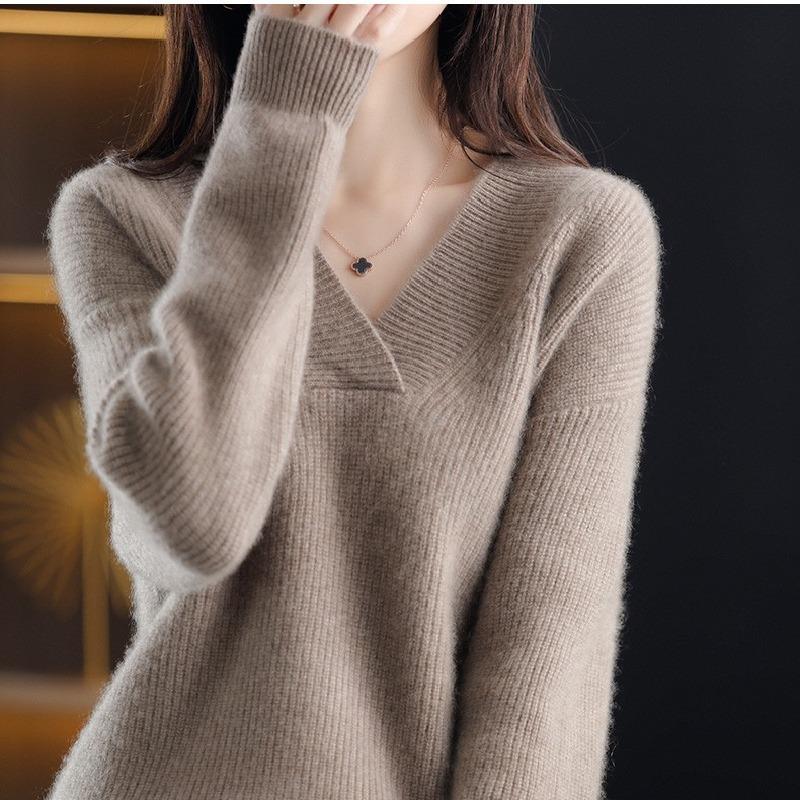 Autumn and Winter New V-neck Pullover Sweater Women's Fashion Loose Simple Knitted Thickened Tops Elegant Casual Solid Color Office Clothing