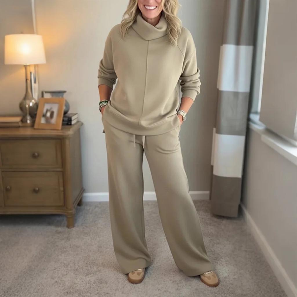 Women's Fashion Solid Color High Neck Long Sleeved Hem Slit Sweatshirt Top Casual Sweatpants Two-piece Set