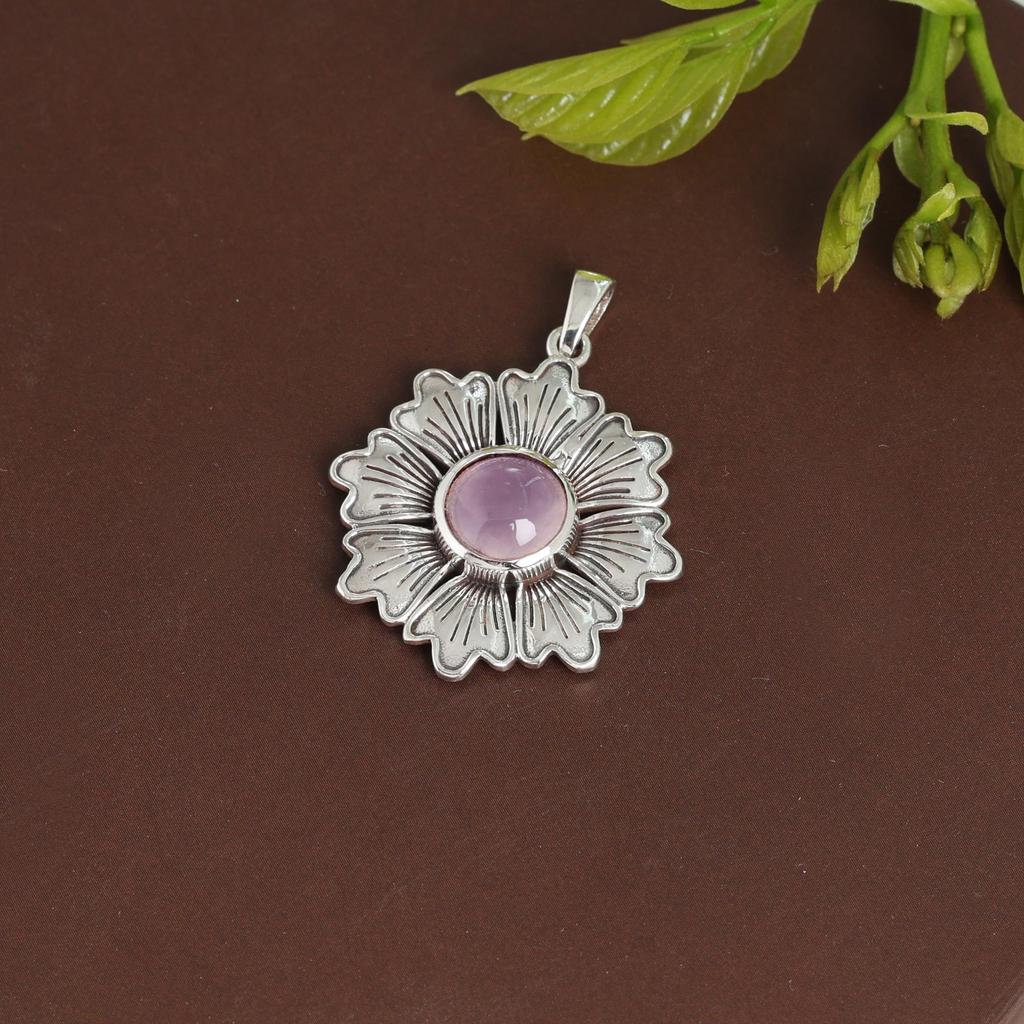 Rose Quartz Flower Silver Pendant, Pure 100% 925 Sterling Silver Handmade Jewelry, Silver Women Pendant Ap7118