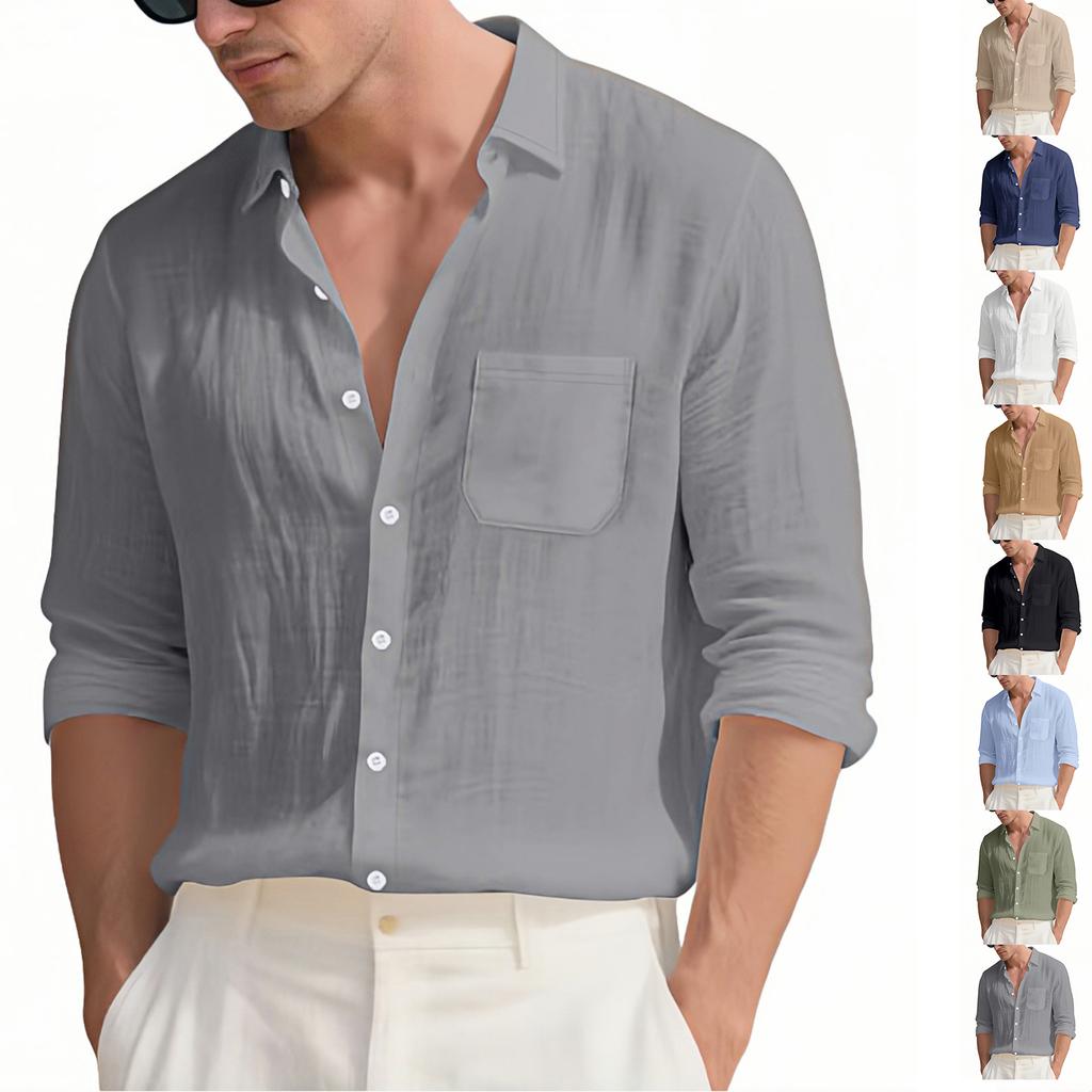 Men's Solid Color Loose-Fit Linen Long-Sleeved Collared Shirt Cardigan
